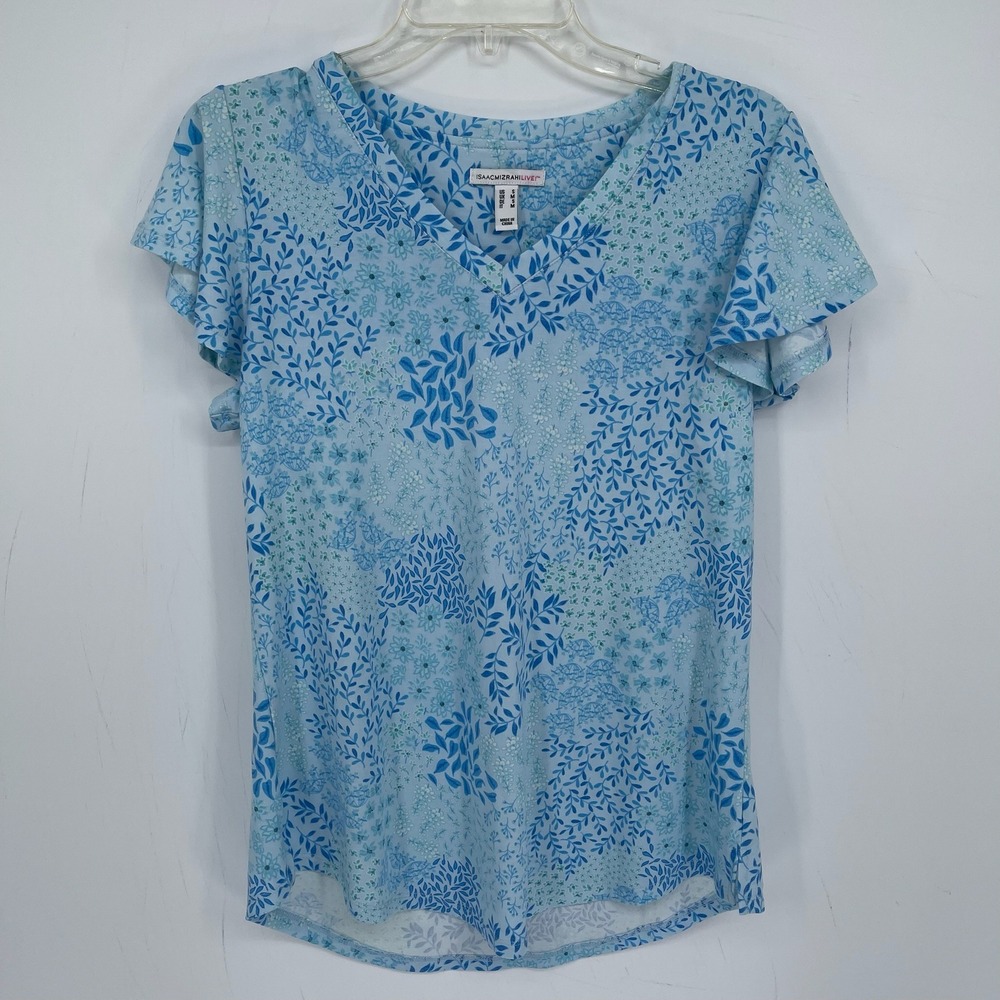 Isaac Mizrahi Live Women's Blue Floral Flutter Sleeve V-Neck Top Blouse Size S